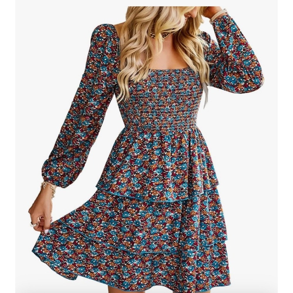 Women's "BTFBM"Floral Print Square Neck Long Sleeve Smocked Ruffle Dress-Med/NWT